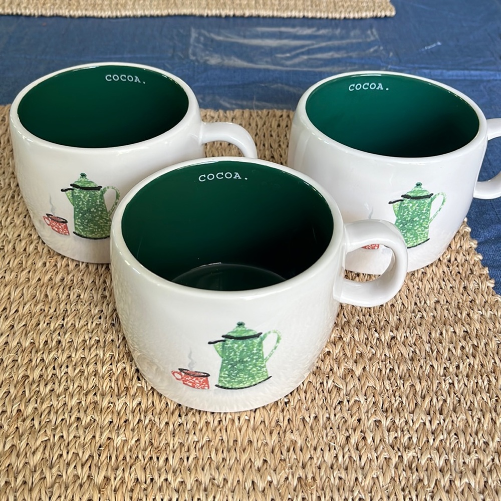 Three Rae Dunn Cocoa Mugs with Splatterware kettle and mug on front